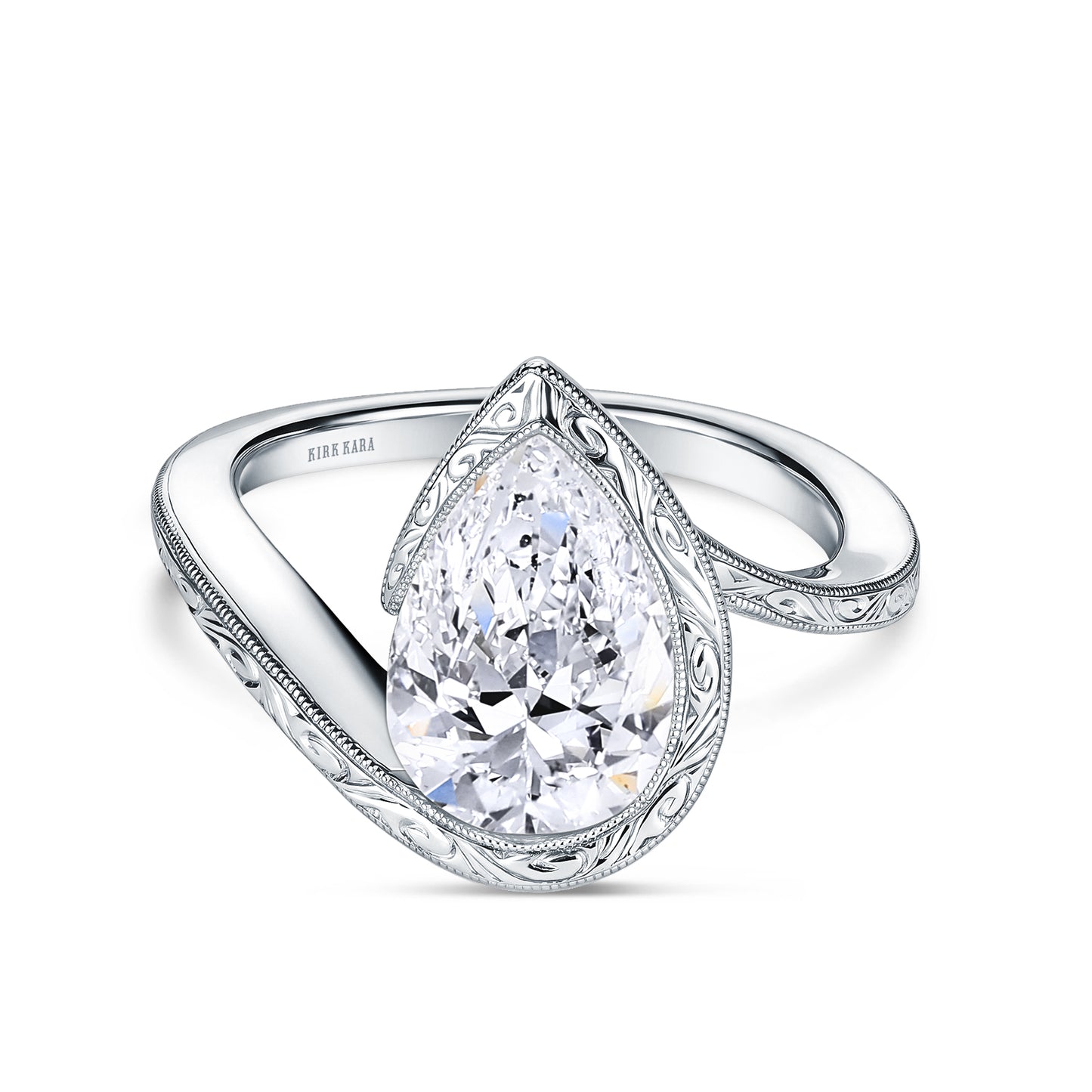 Hand-Engraved Sculpted Bypass Partial Bezel Engagement Ring