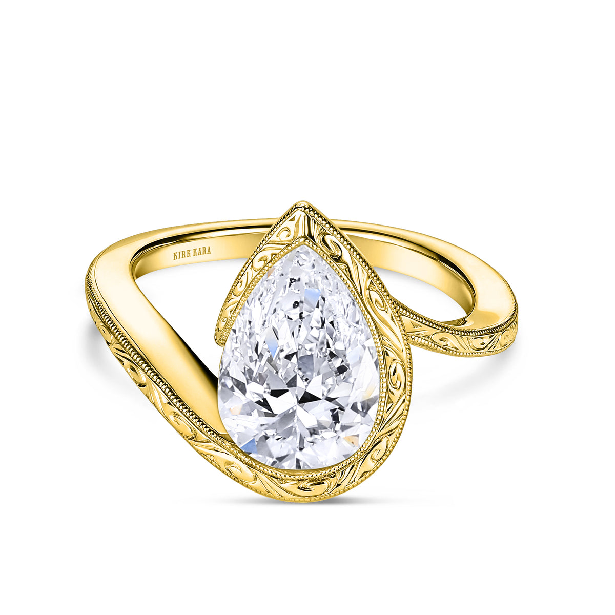 Hand-Engraved Sculpted Bypass Partial Bezel Engagement Ring