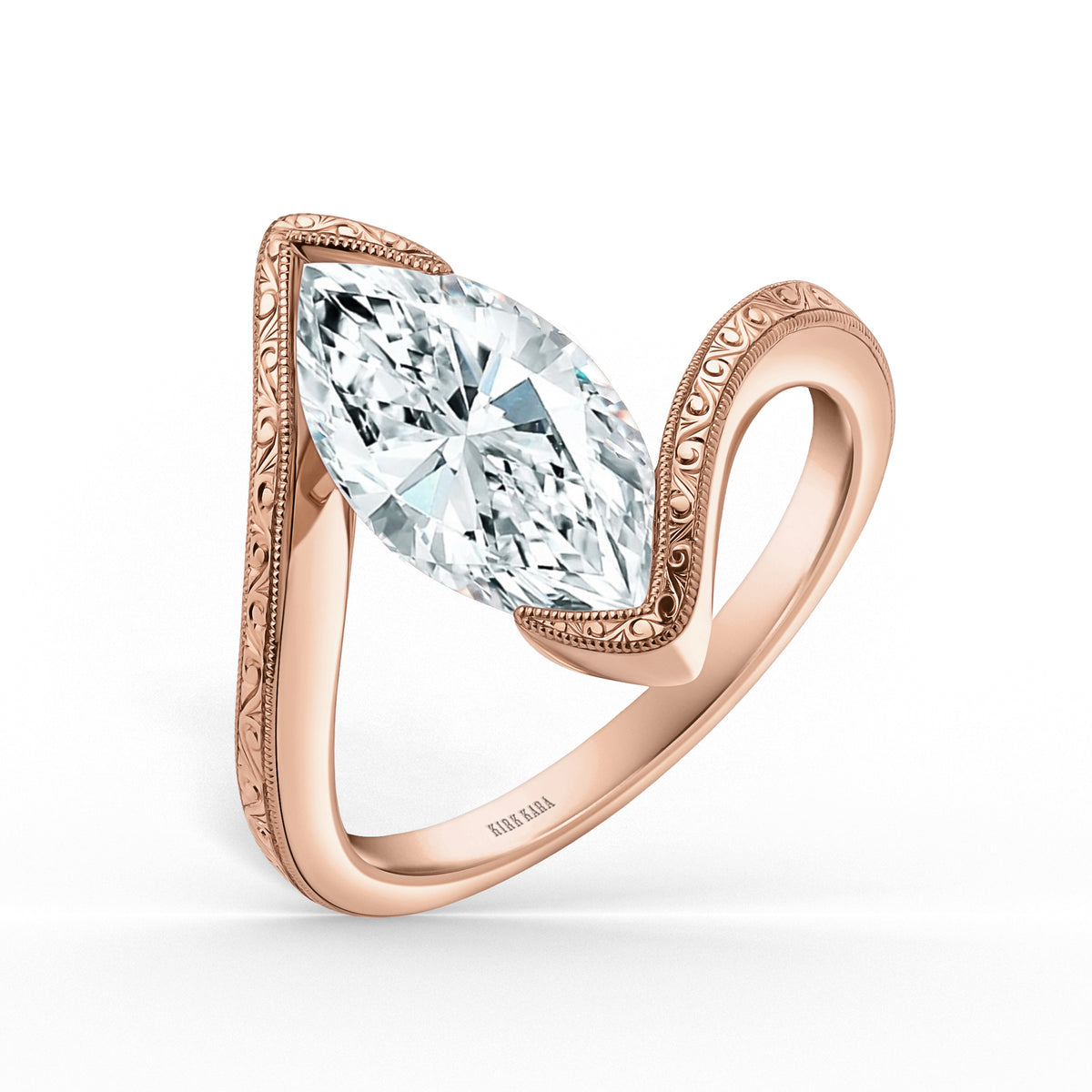 Hand-Engraved Wave Bypass Half Bezel Engagement Ring