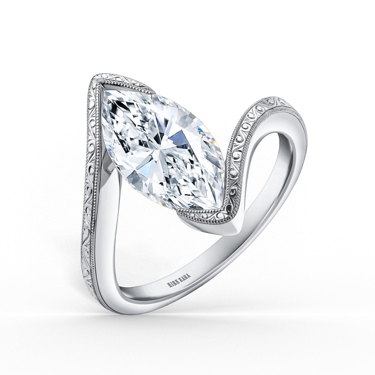 Hand-Engraved Wave Bypass Half Bezel Engagement Ring