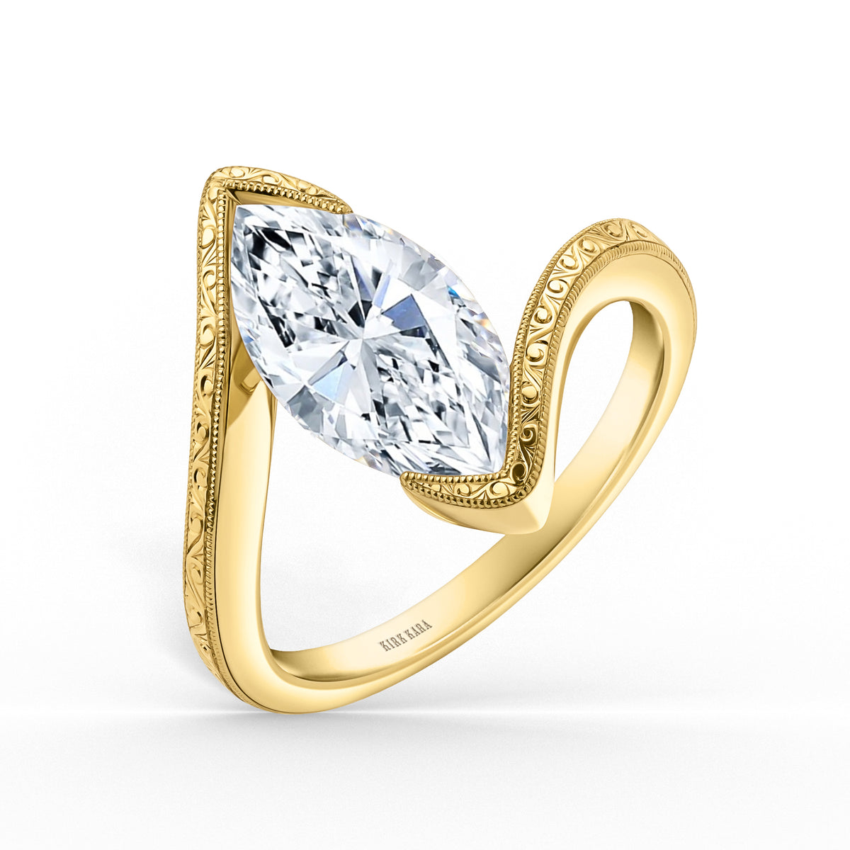 Hand-Engraved Wave Bypass Half Bezel Engagement Ring