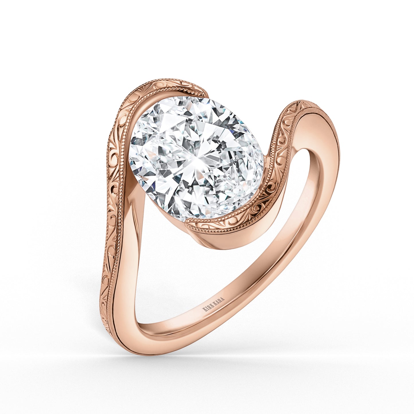 Hand-Engraved Wave Bypass Half Bezel Engagement Ring