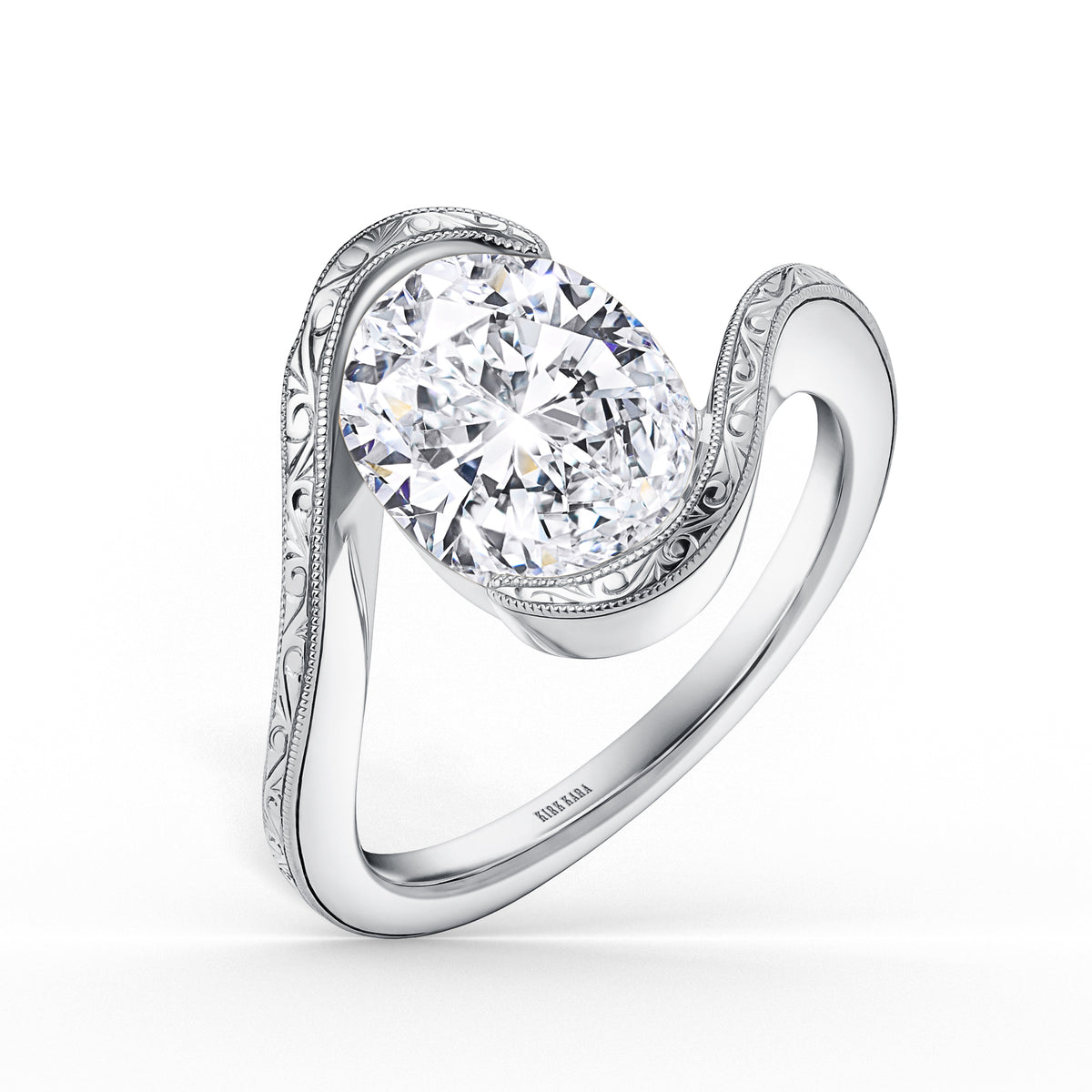 Hand-Engraved Wave Bypass Half Bezel Engagement Ring