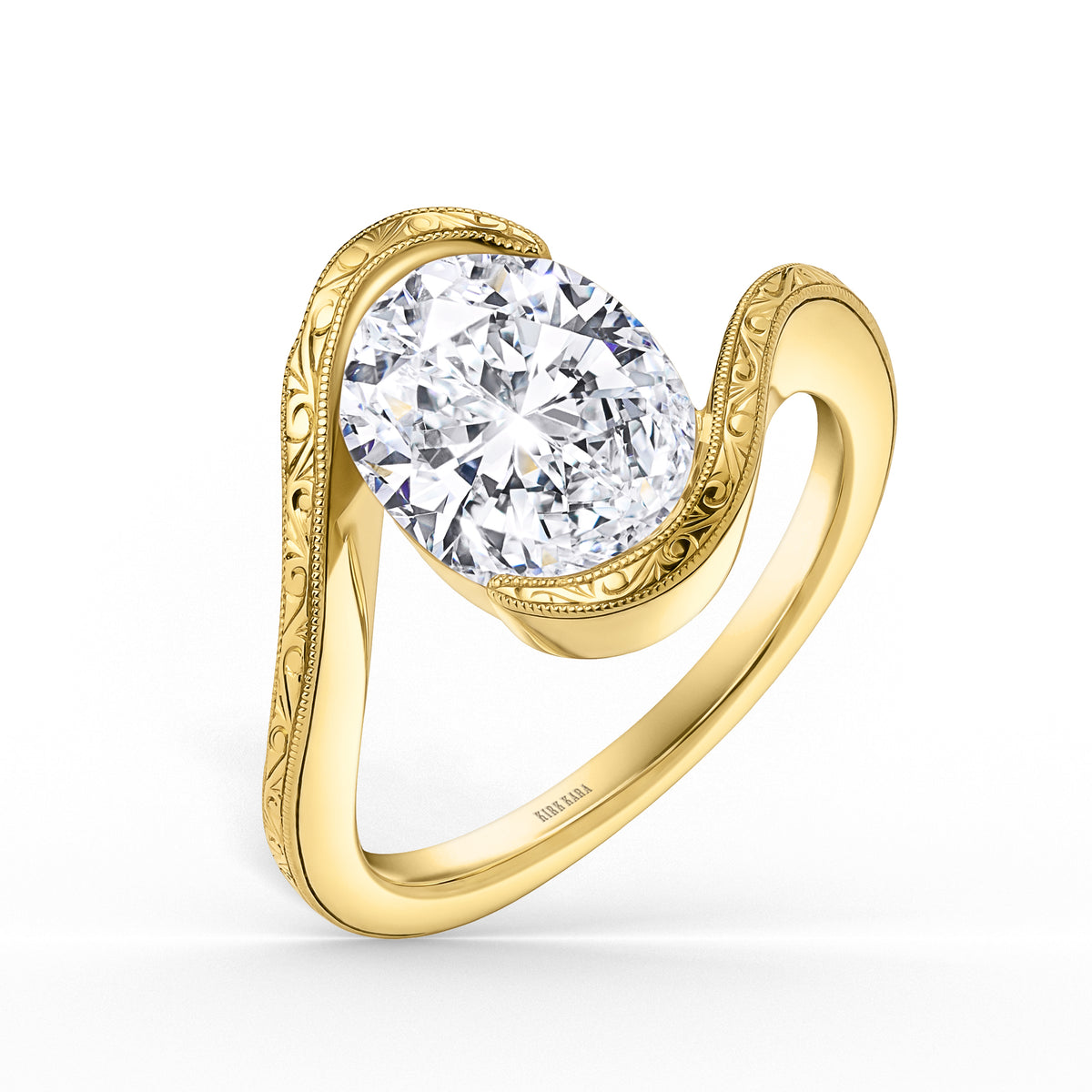 Hand-Engraved Wave Bypass Half Bezel Engagement Ring