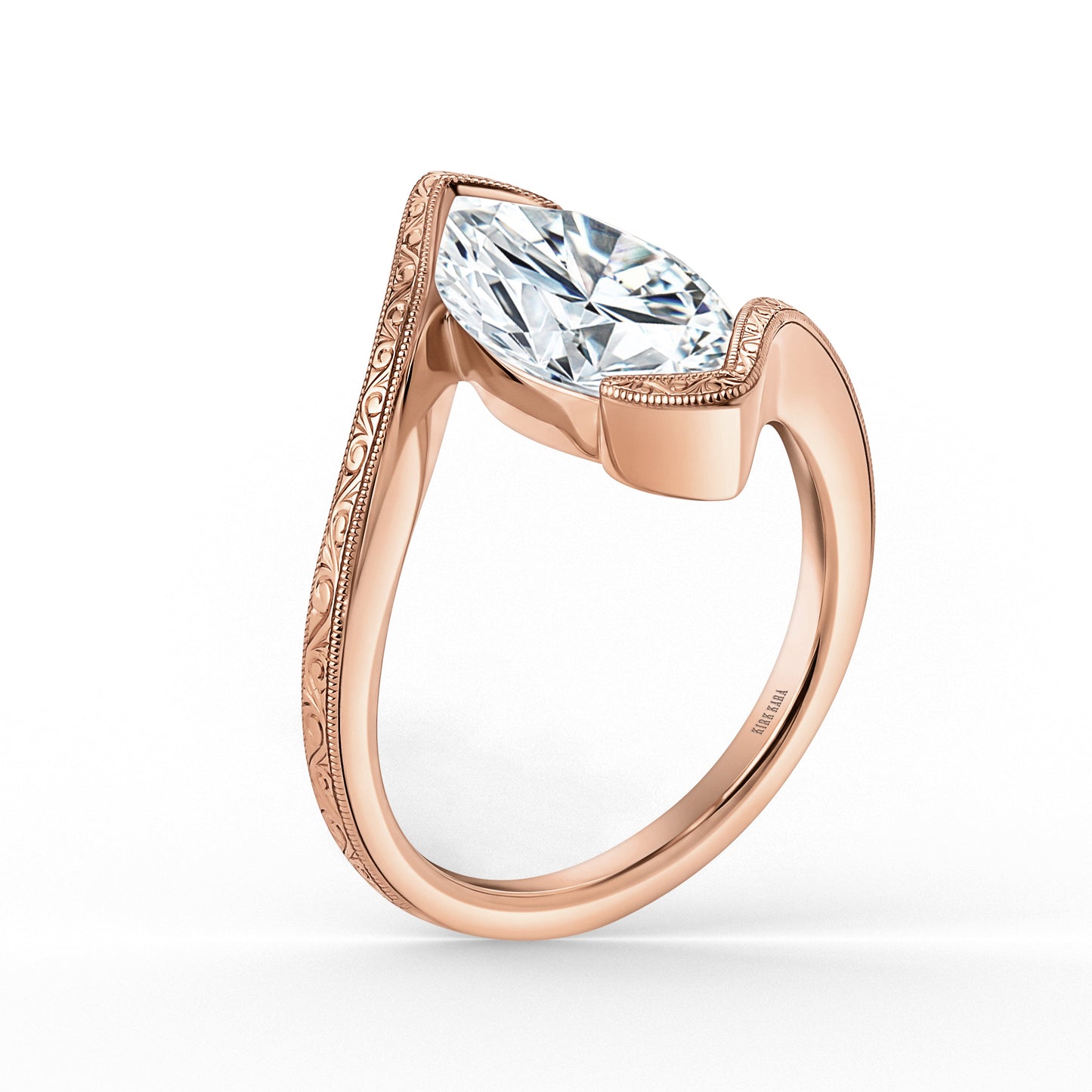 Hand-Engraved Wave Bypass Half Bezel Engagement Ring