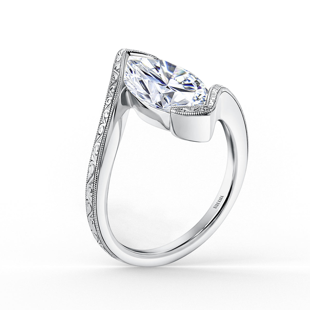 Hand-Engraved Wave Bypass Half Bezel Engagement Ring