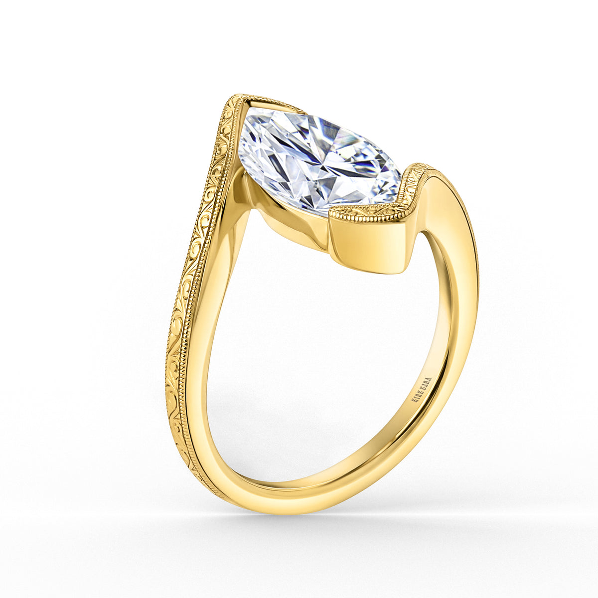 Hand-Engraved Wave Bypass Half Bezel Engagement Ring