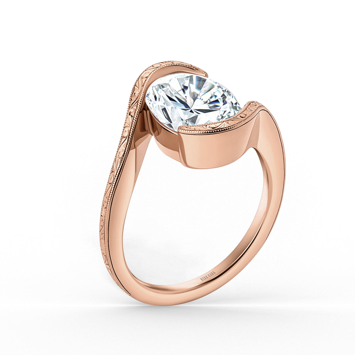 Hand-Engraved Wave Bypass Half Bezel Engagement Ring