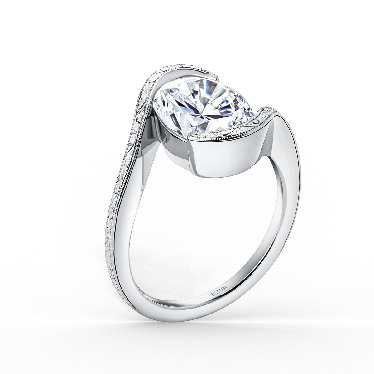 Hand-Engraved Wave Bypass Half Bezel Engagement Ring