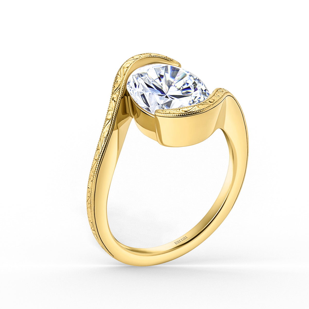 Hand-Engraved Wave Bypass Half Bezel Engagement Ring