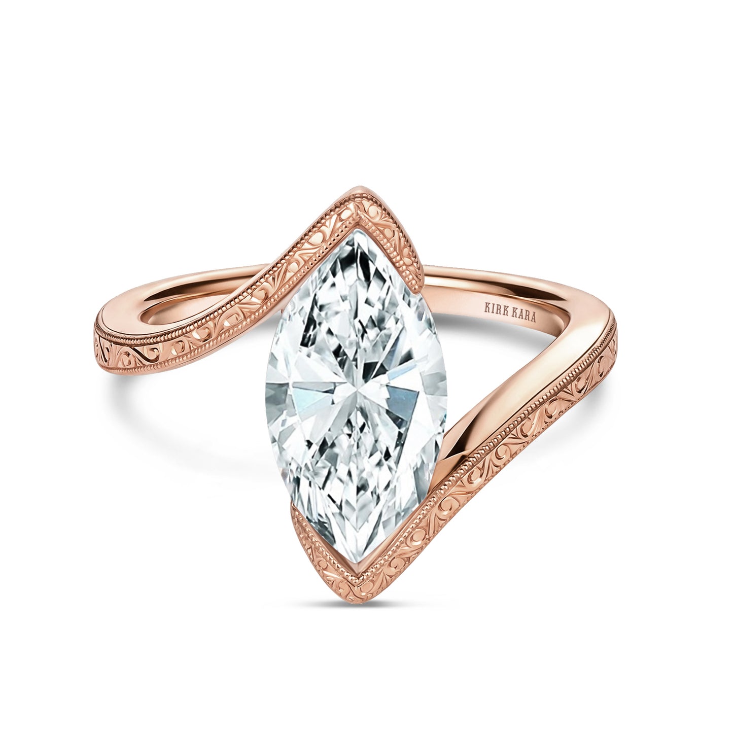 Hand-Engraved Wave Bypass Half Bezel Engagement Ring