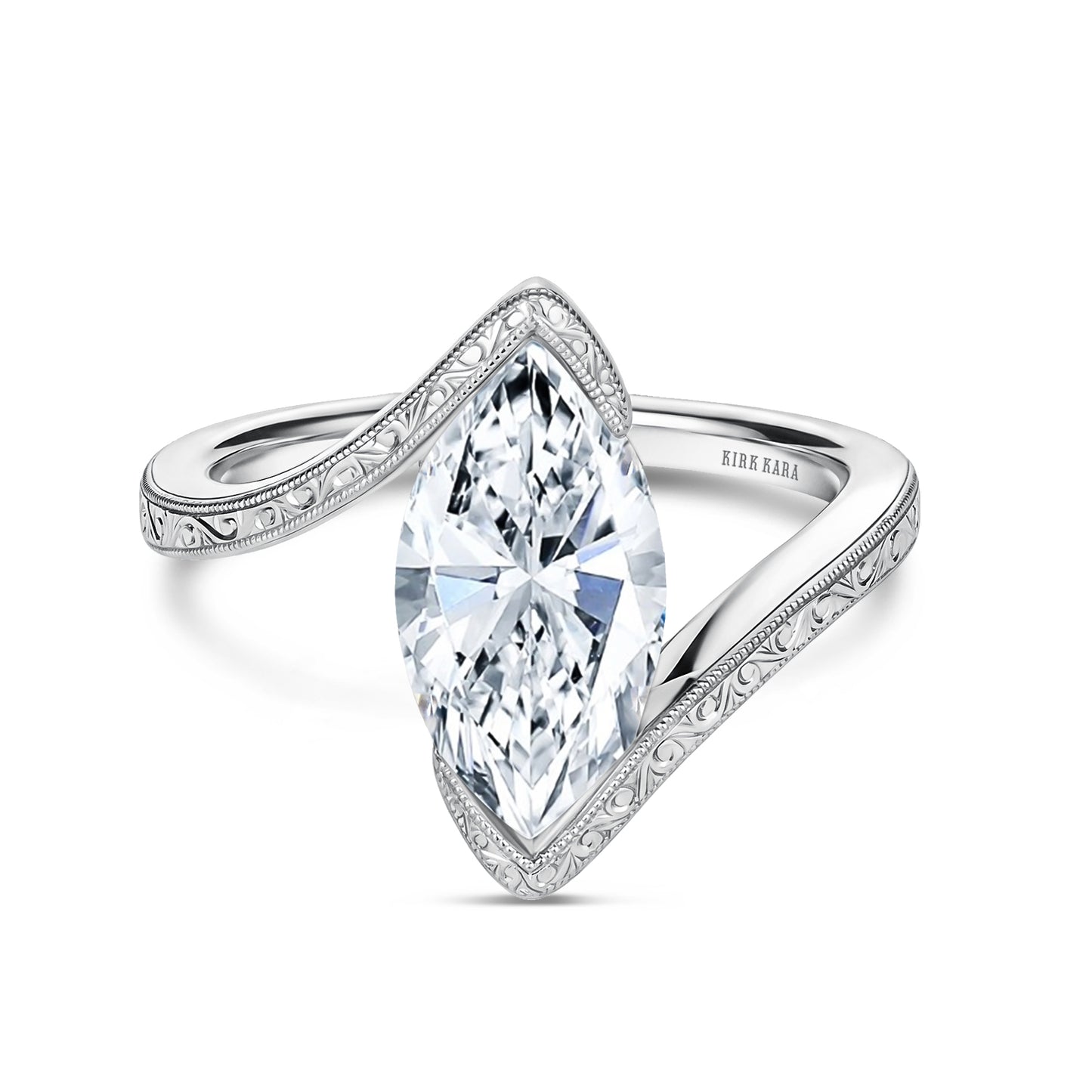 Hand-Engraved Wave Bypass Half Bezel Engagement Ring