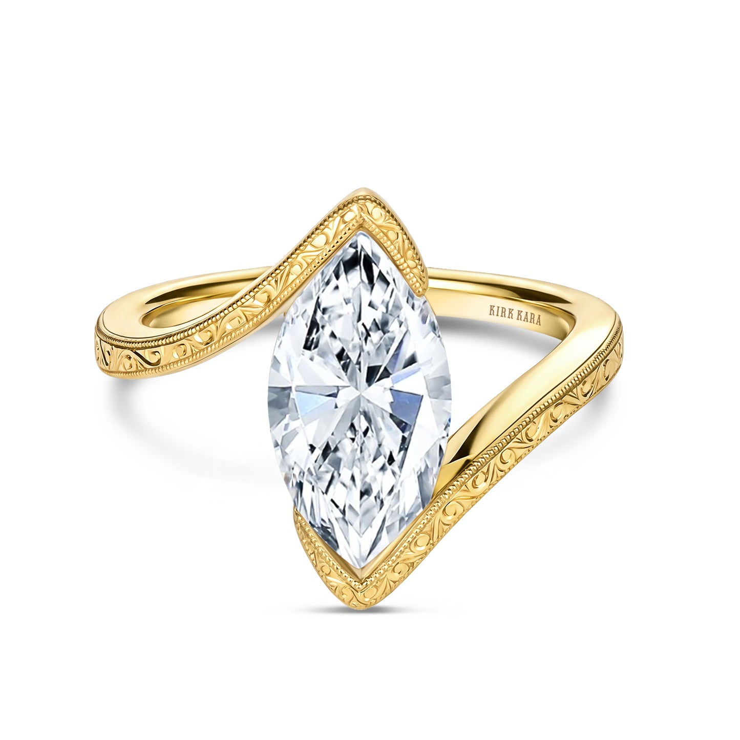 Hand-Engraved Wave Bypass Half Bezel Engagement Ring