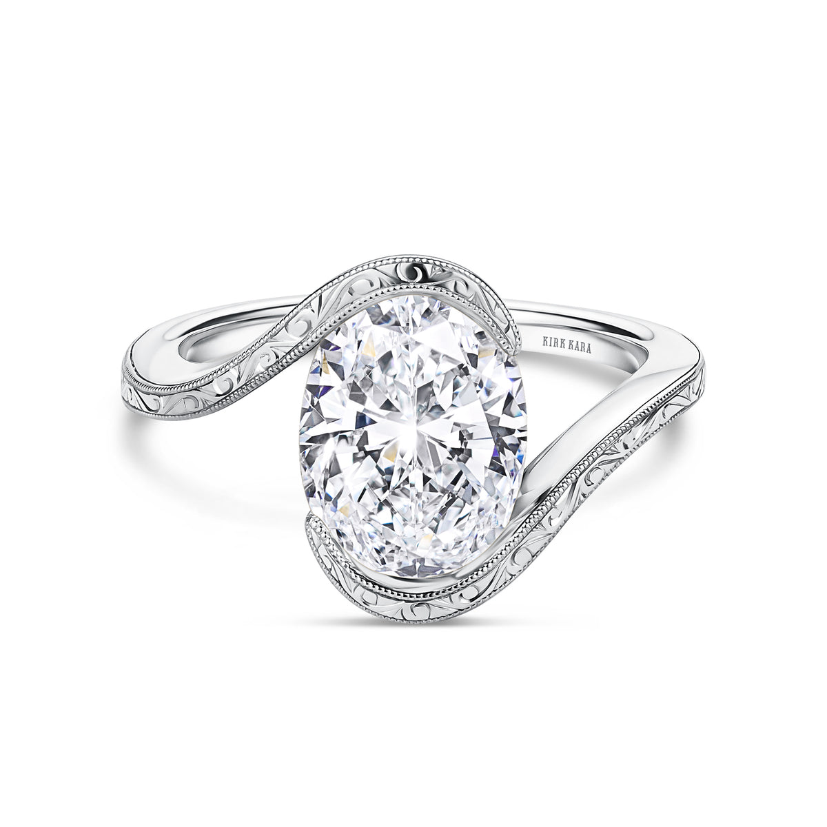 Hand-Engraved Wave Bypass Half Bezel Engagement Ring