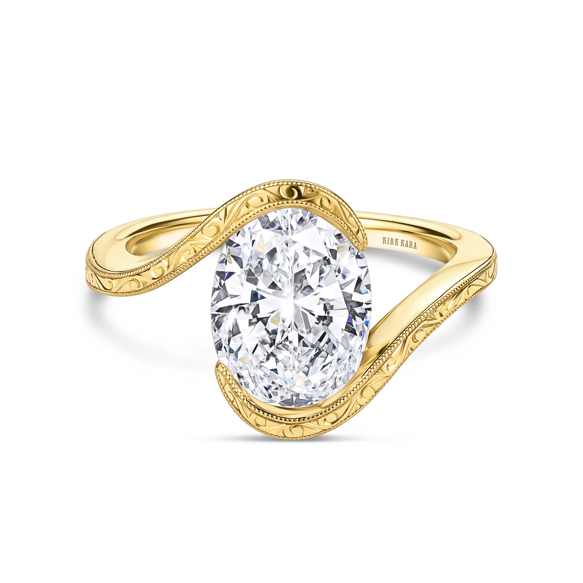Hand-Engraved Wave Bypass Half Bezel Engagement Ring