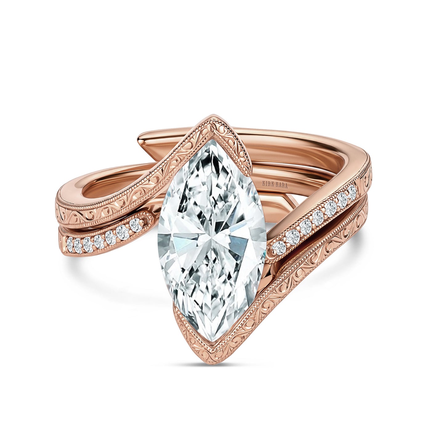 Hand-Engraved Wave Bypass Half Bezel Engagement Ring