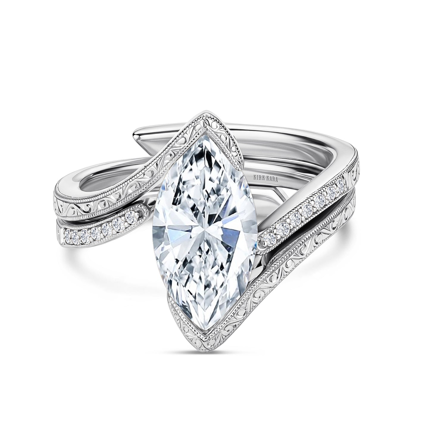 Hand-Engraved Wave Bypass Half Bezel Engagement Ring