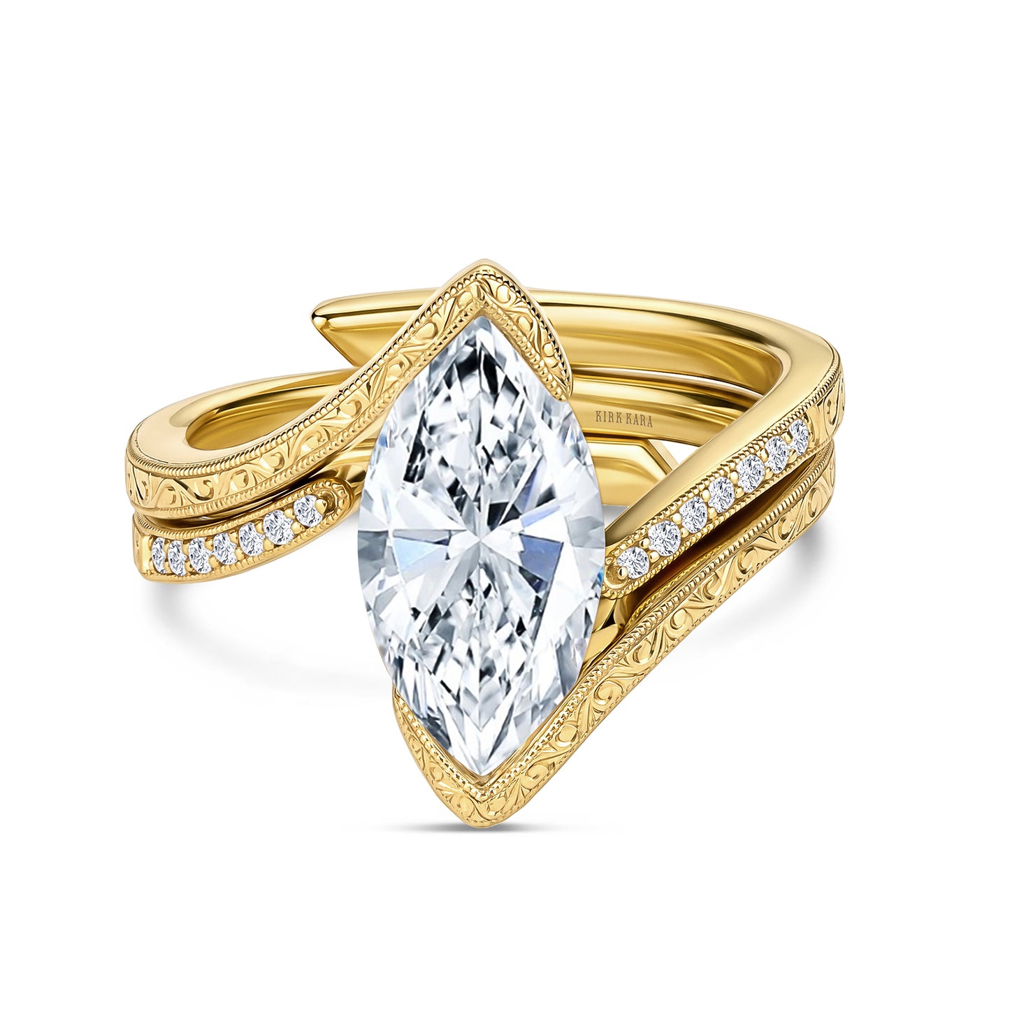 Hand-Engraved Wave Bypass Half Bezel Engagement Ring