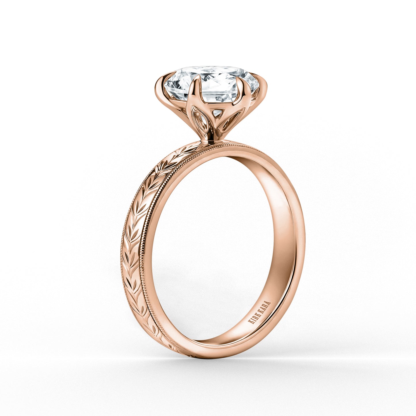 Wide Floral Engraved Solitaire Engagement Ring