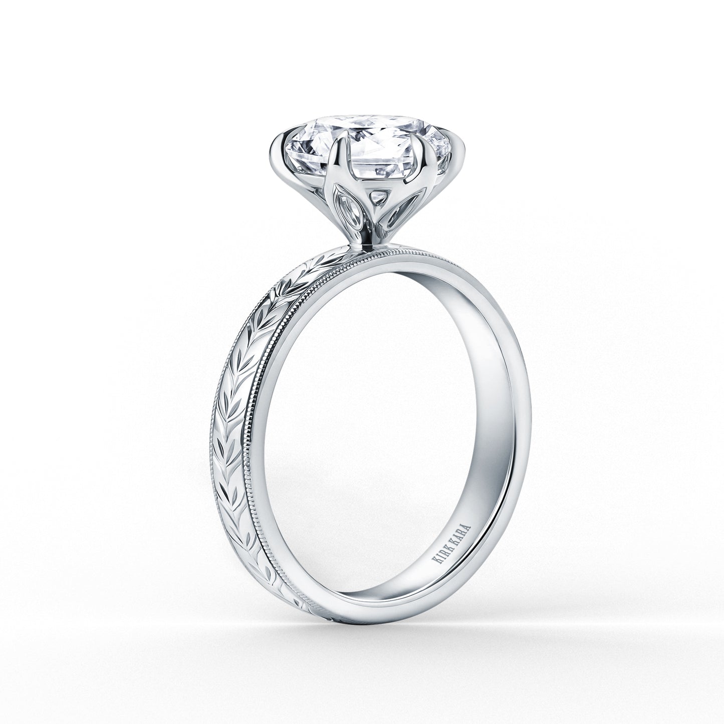 Wide Floral Engraved Solitaire Engagement Ring