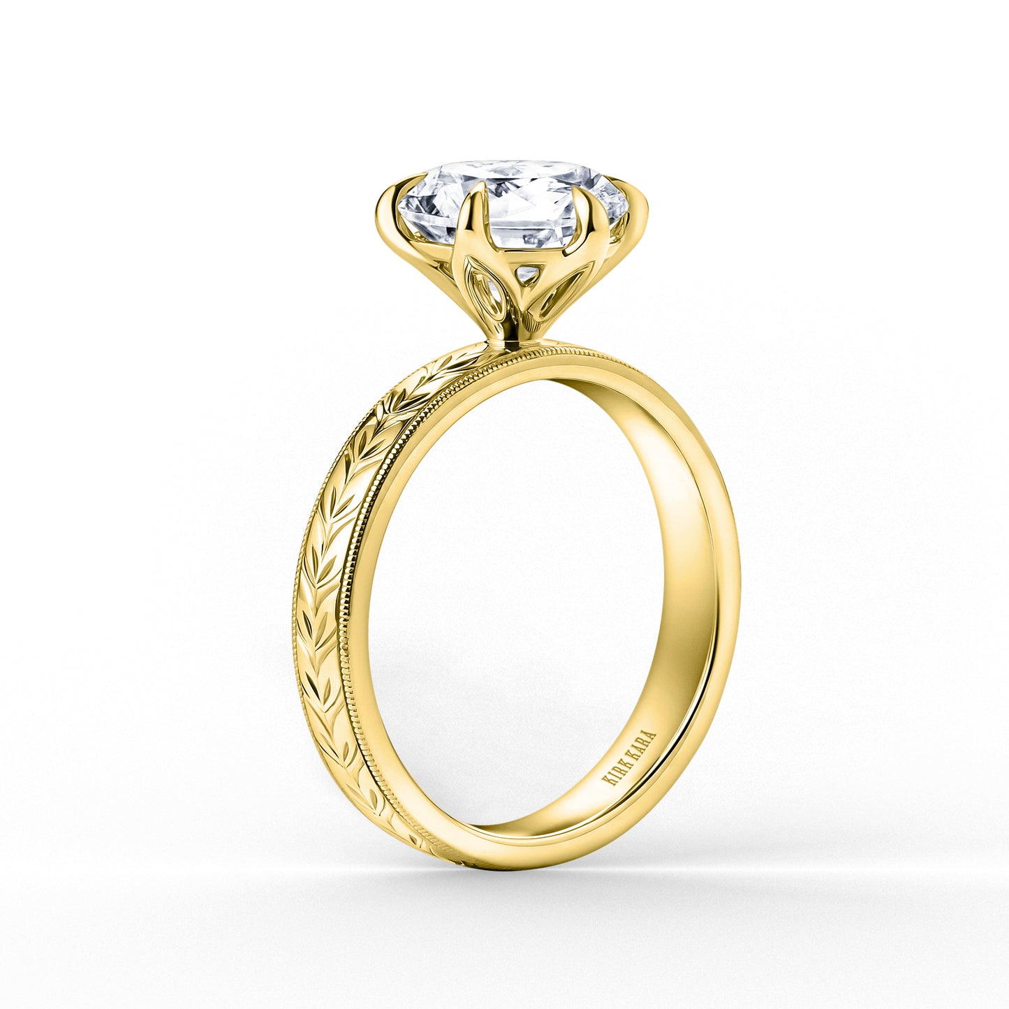 Wide Floral Engraved Solitaire Engagement Ring