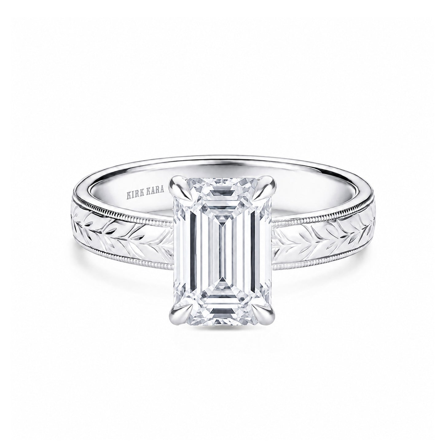 Wide Floral Engraved Solitaire Engagement Ring