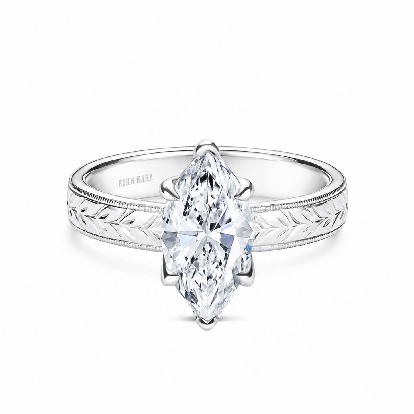 Wide Floral Engraved Solitaire Engagement Ring