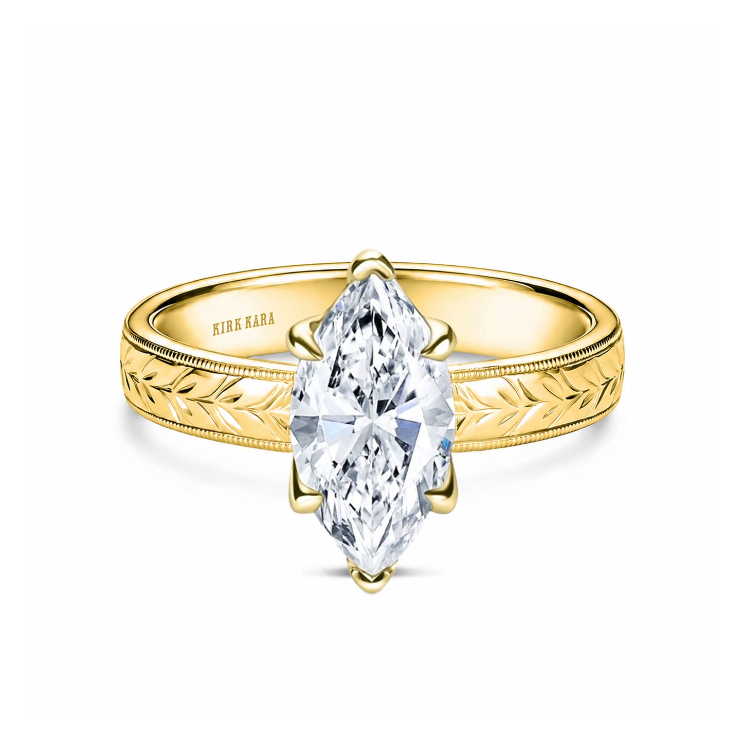 Wide Floral Engraved Solitaire Engagement Ring