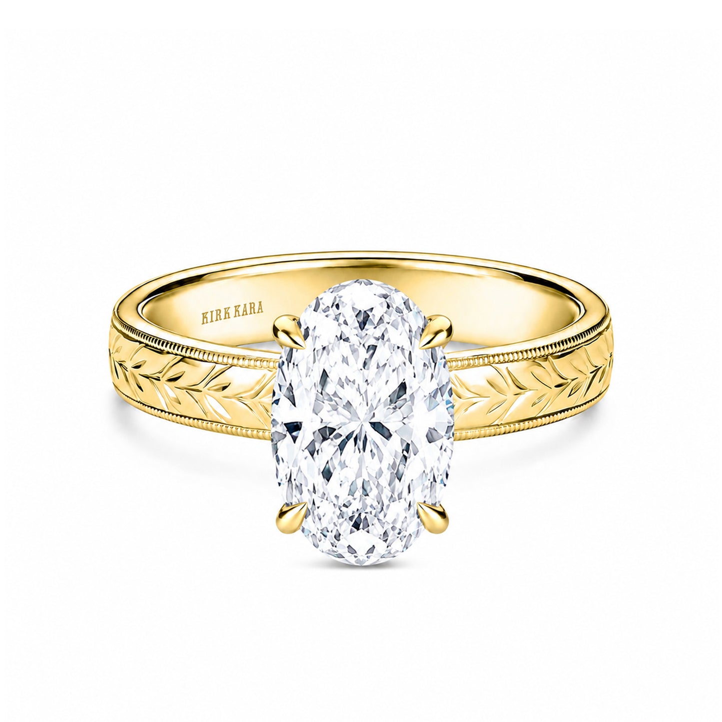 Wide Floral Engraved Solitaire Engagement Ring