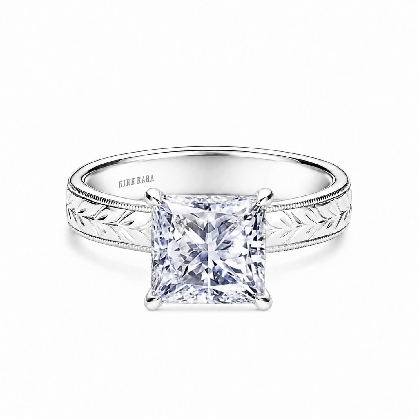 Wide Floral Engraved Solitaire Engagement Ring