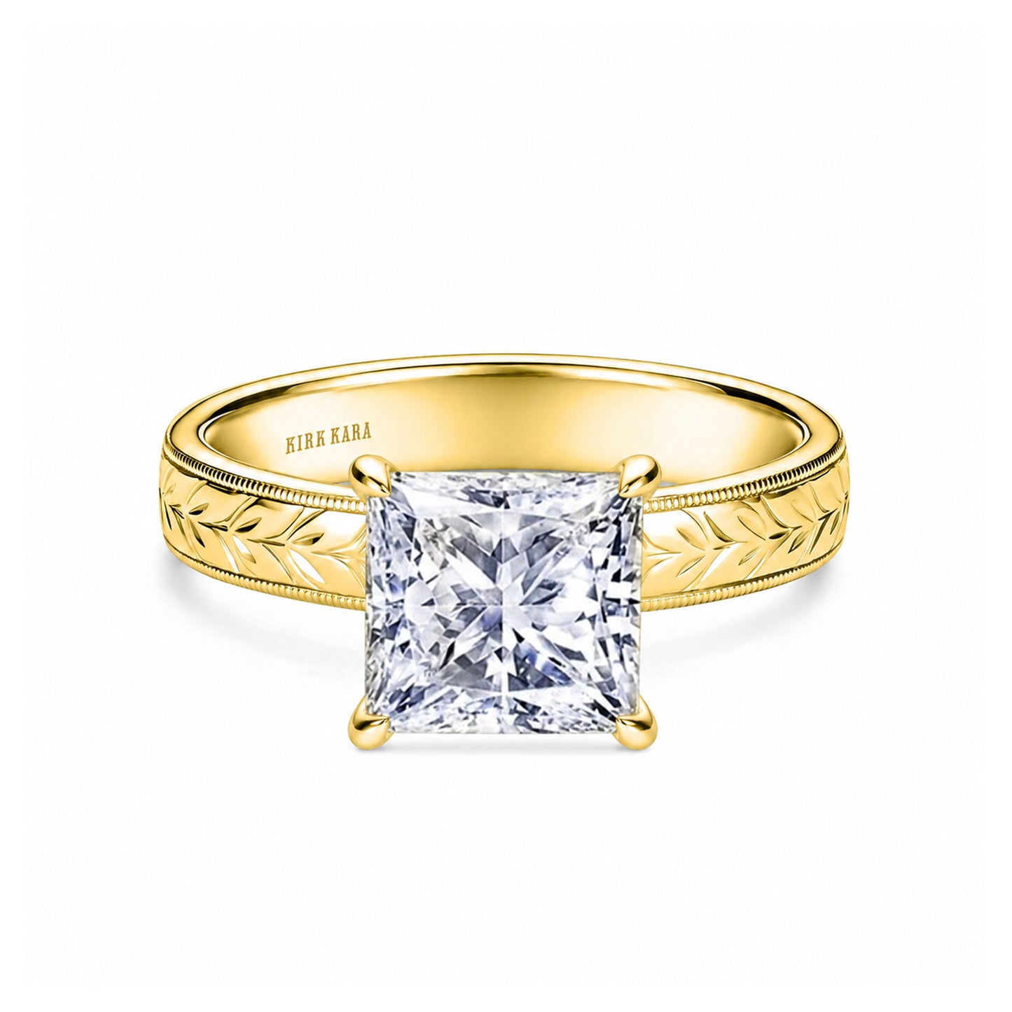 Wide Floral Engraved Solitaire Engagement Ring