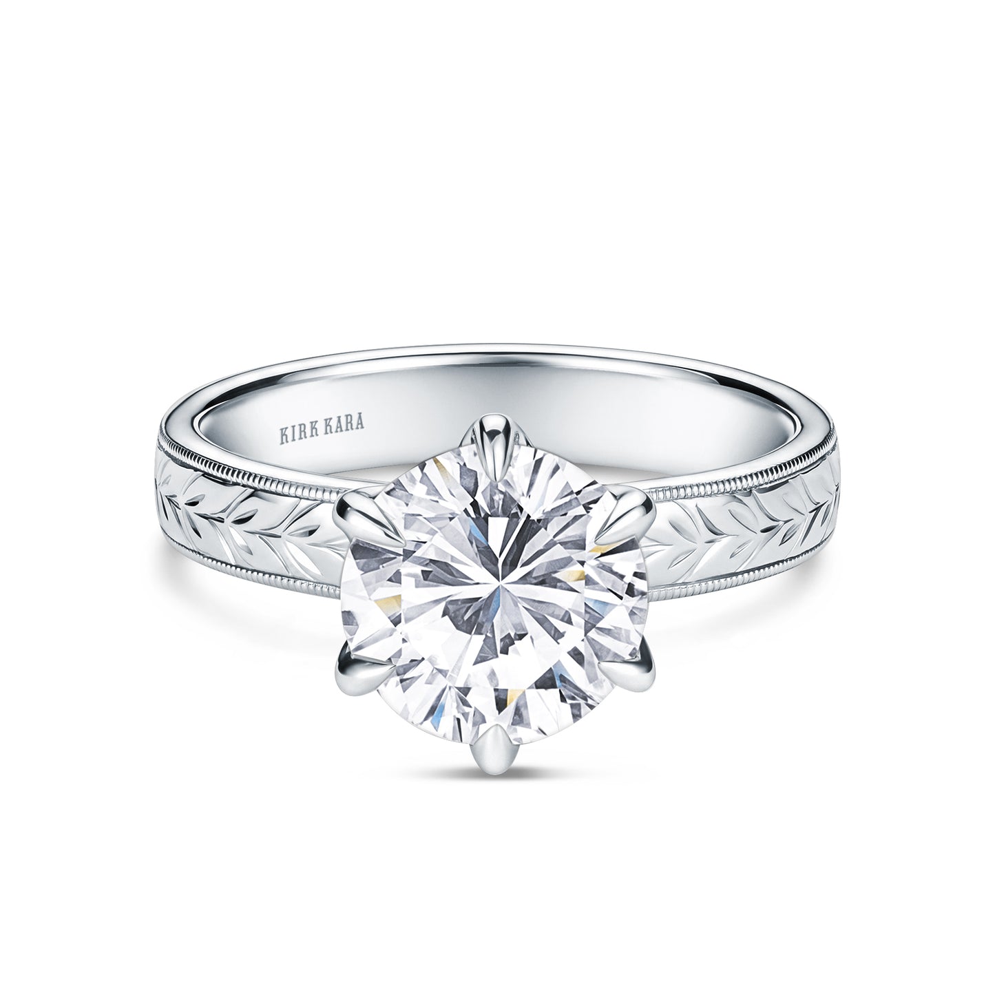 Wide Floral Engraved Solitaire Engagement Ring