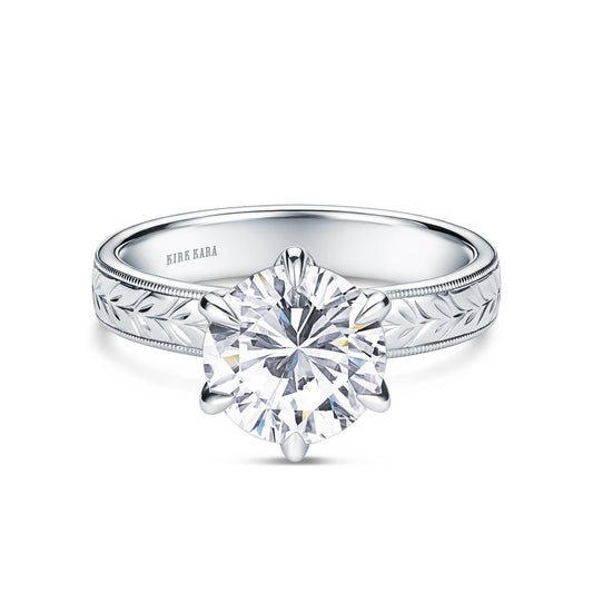 Wide Floral Engraved Solitaire Engagement Ring