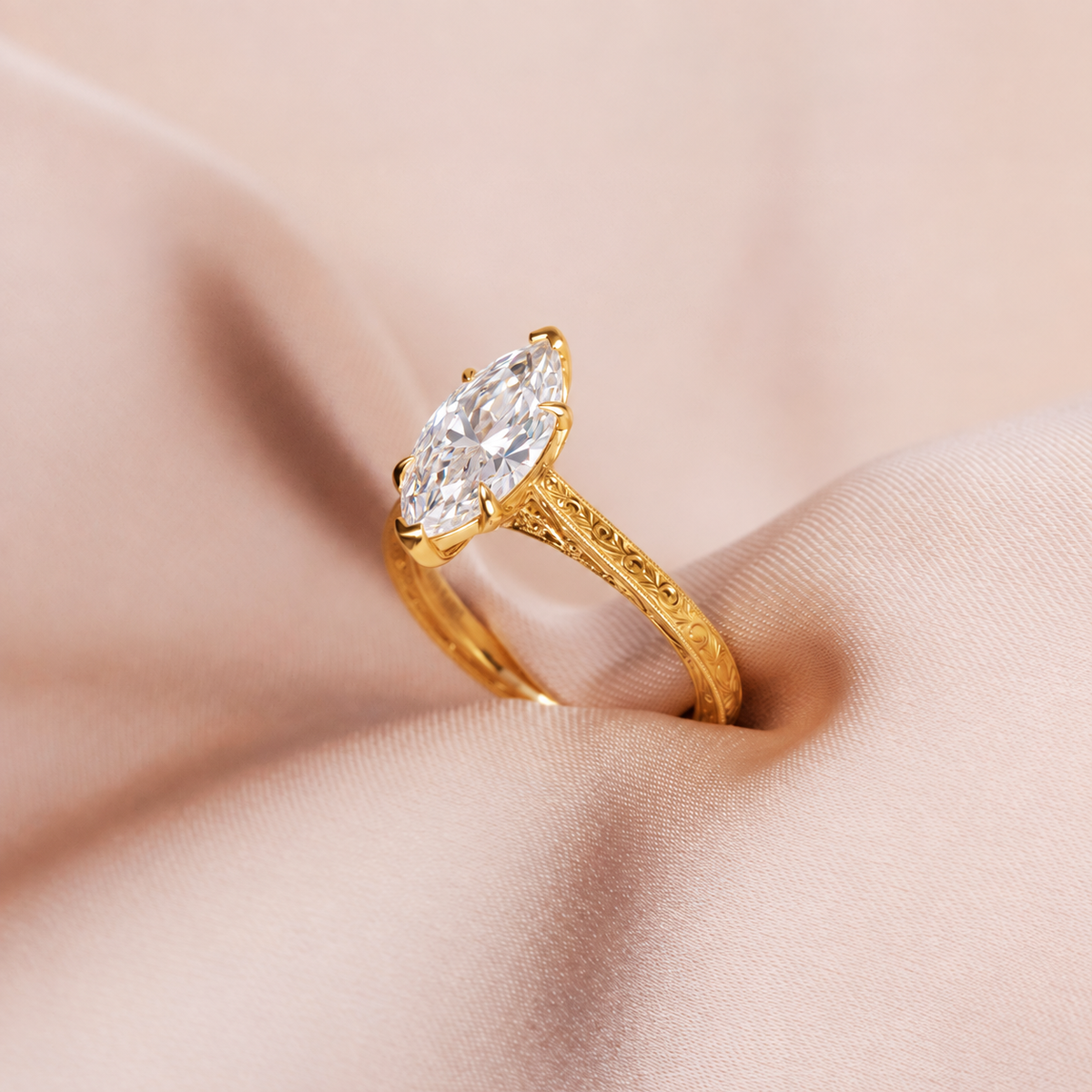 View of petite hand-engraved vintage solitaire engagement ring.
