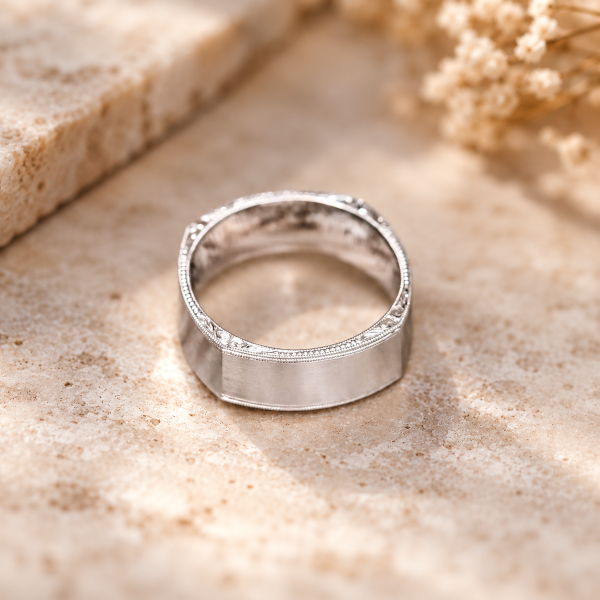 Square Satin Engraved Wedding Band, 7mm