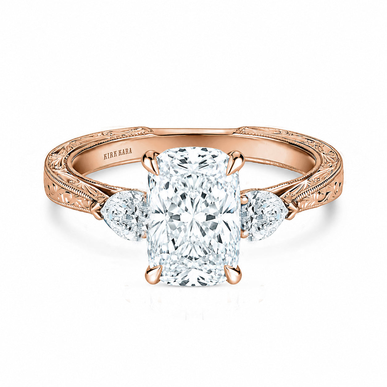 Three Stone Diamond Pear Engraved Engagement Ring
