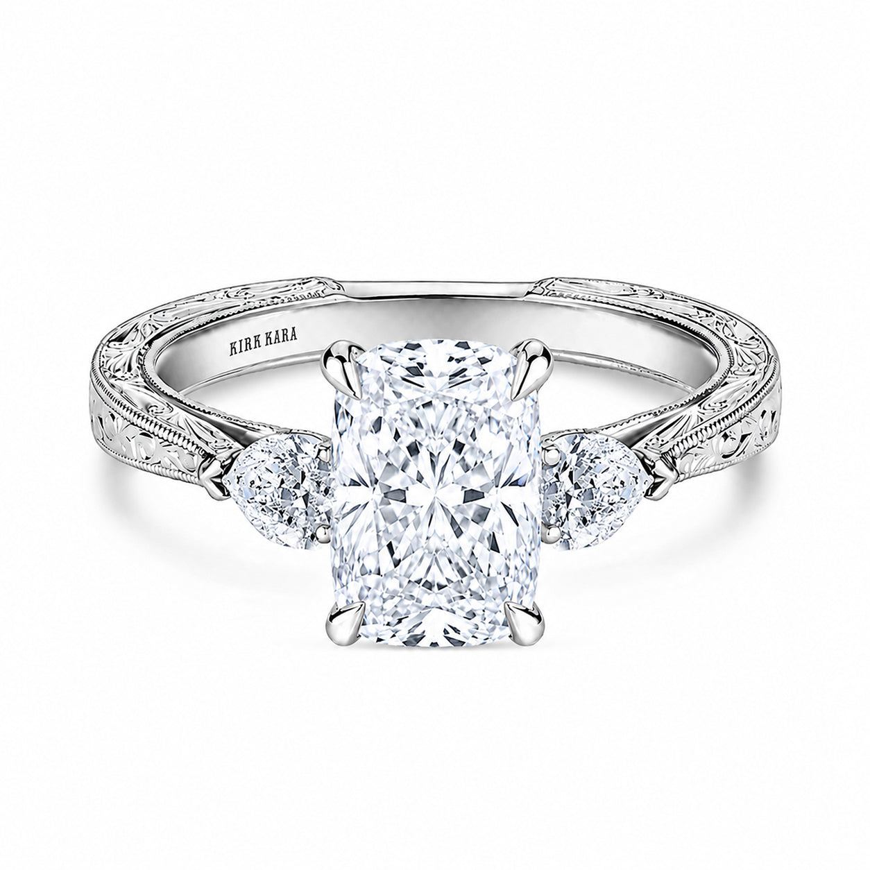 Three Stone Diamond Pear Engraved Engagement Ring