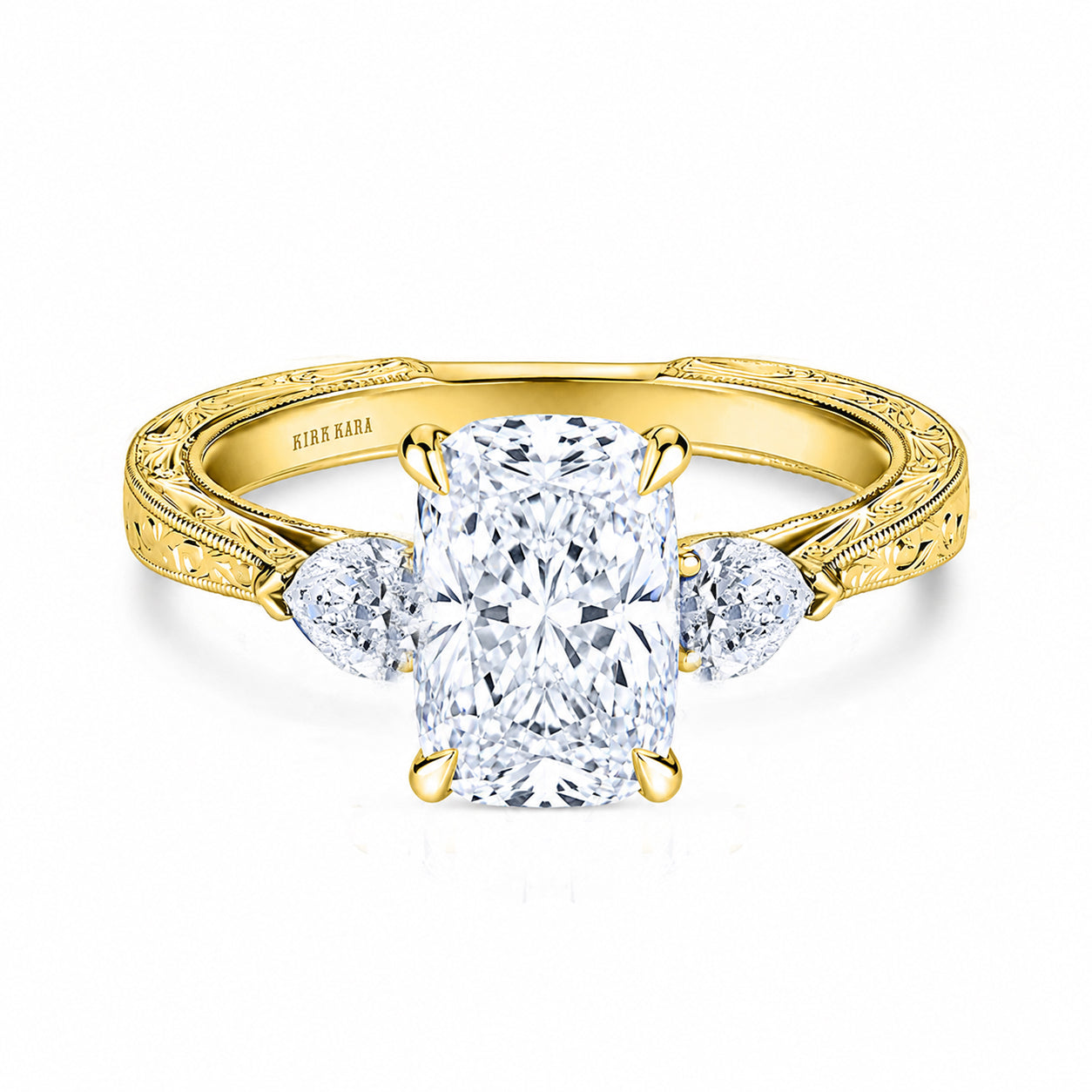 Three Stone Diamond Pear Engraved Engagement Ring