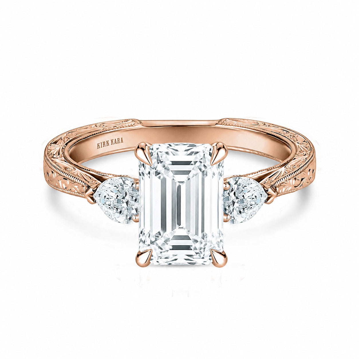 Three Stone Diamond Pear Engraved Engagement Ring