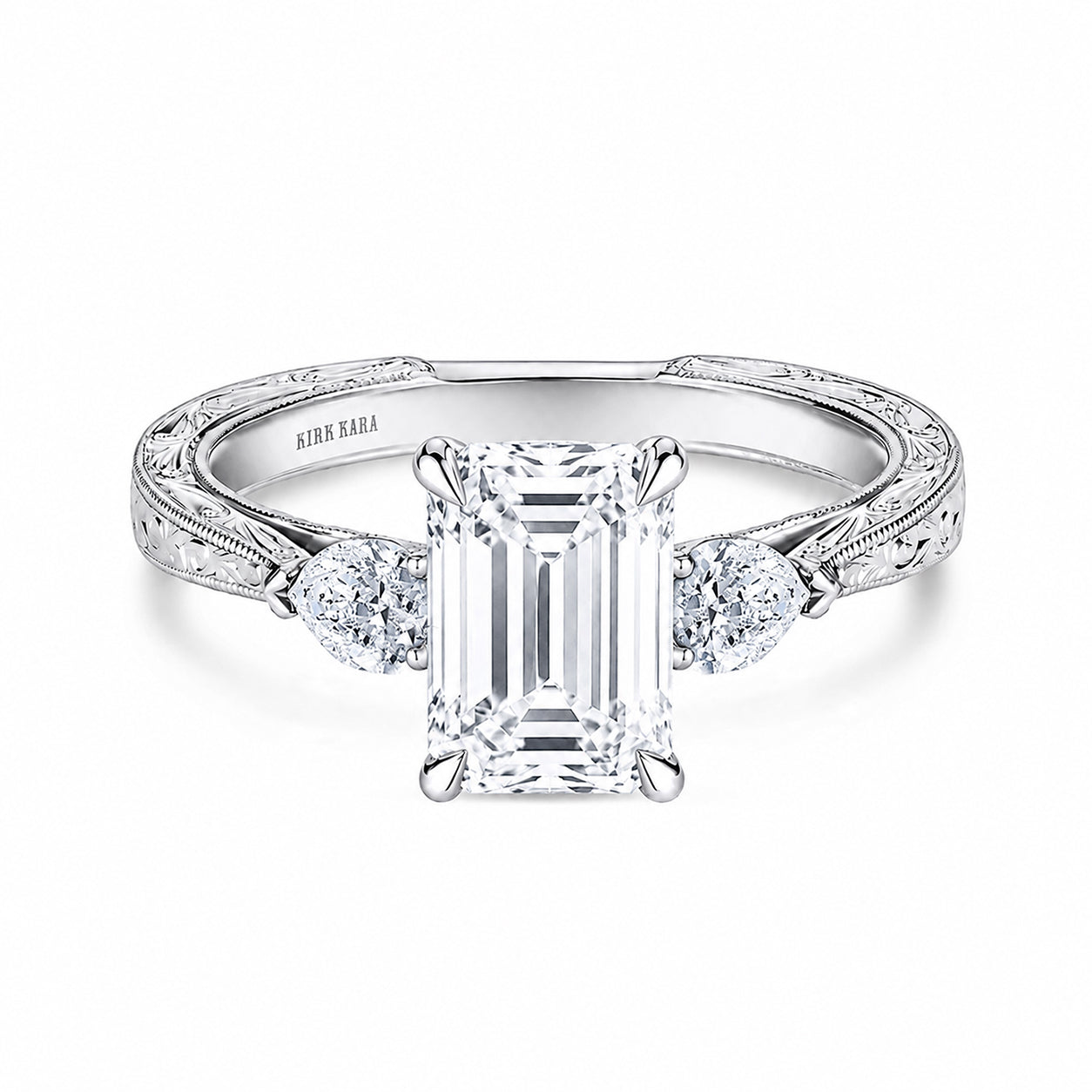 Three Stone Diamond Pear Engraved Engagement Ring