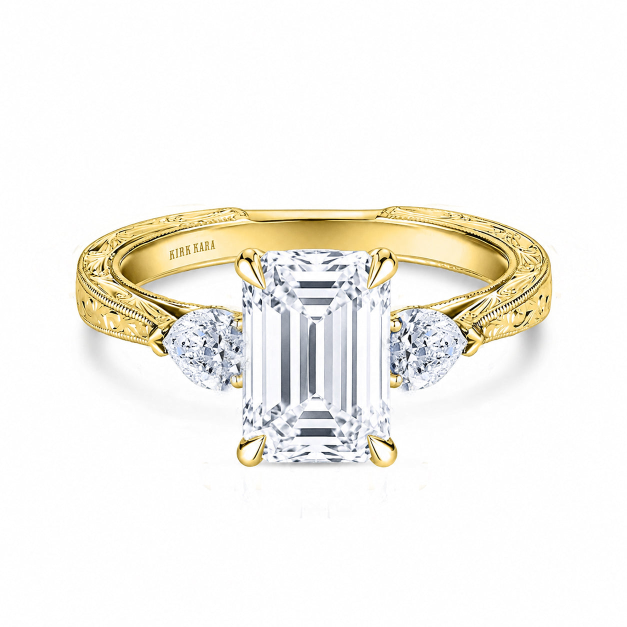 Three Stone Diamond Pear Engraved Engagement Ring