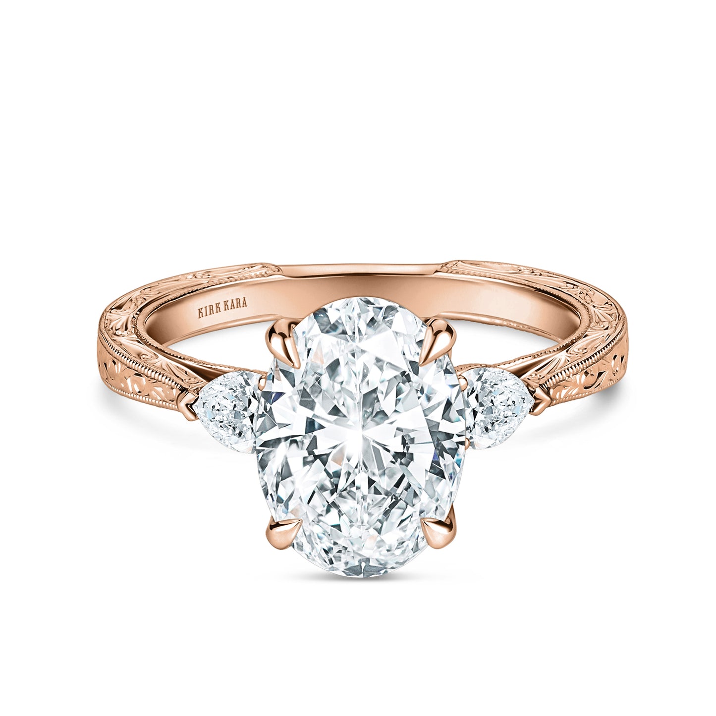 Three Stone Diamond Pear Engraved Engagement Ring