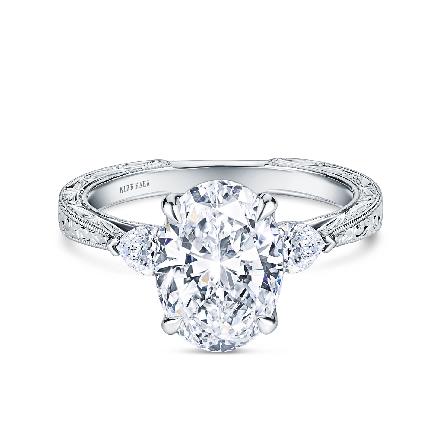 Three Stone Diamond Pear Engraved Engagement Ring