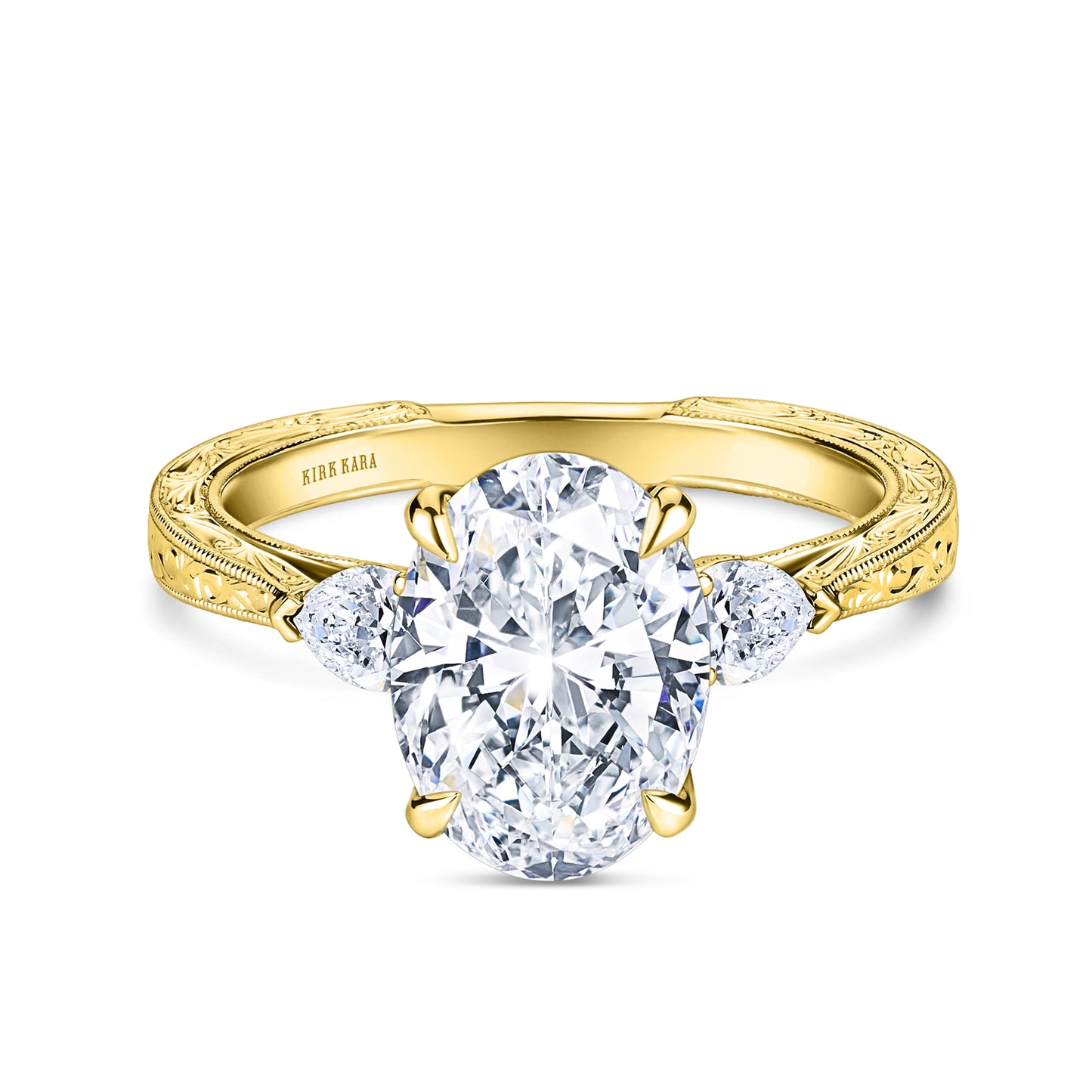 Three Stone Diamond Pear Engraved Engagement Ring