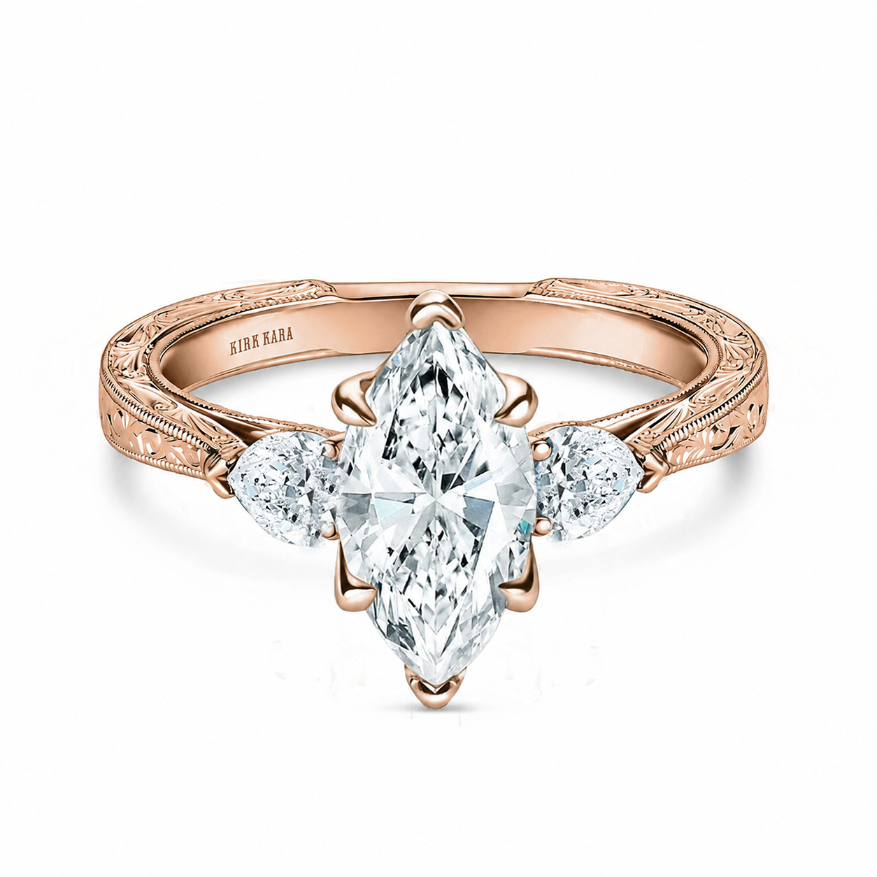 Three Stone Diamond Pear Engraved Engagement Ring