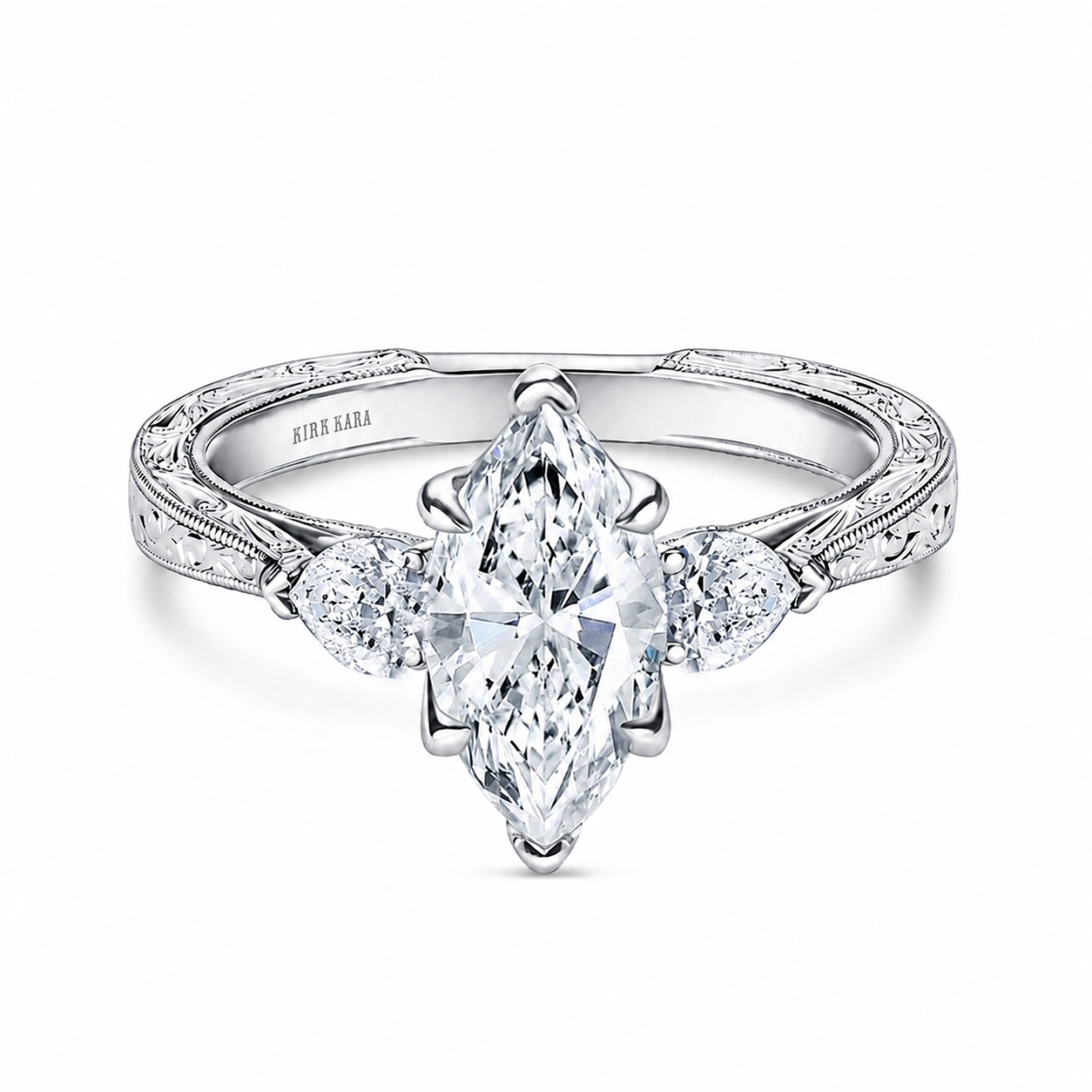 Three Stone Diamond Pear Engraved Engagement Ring