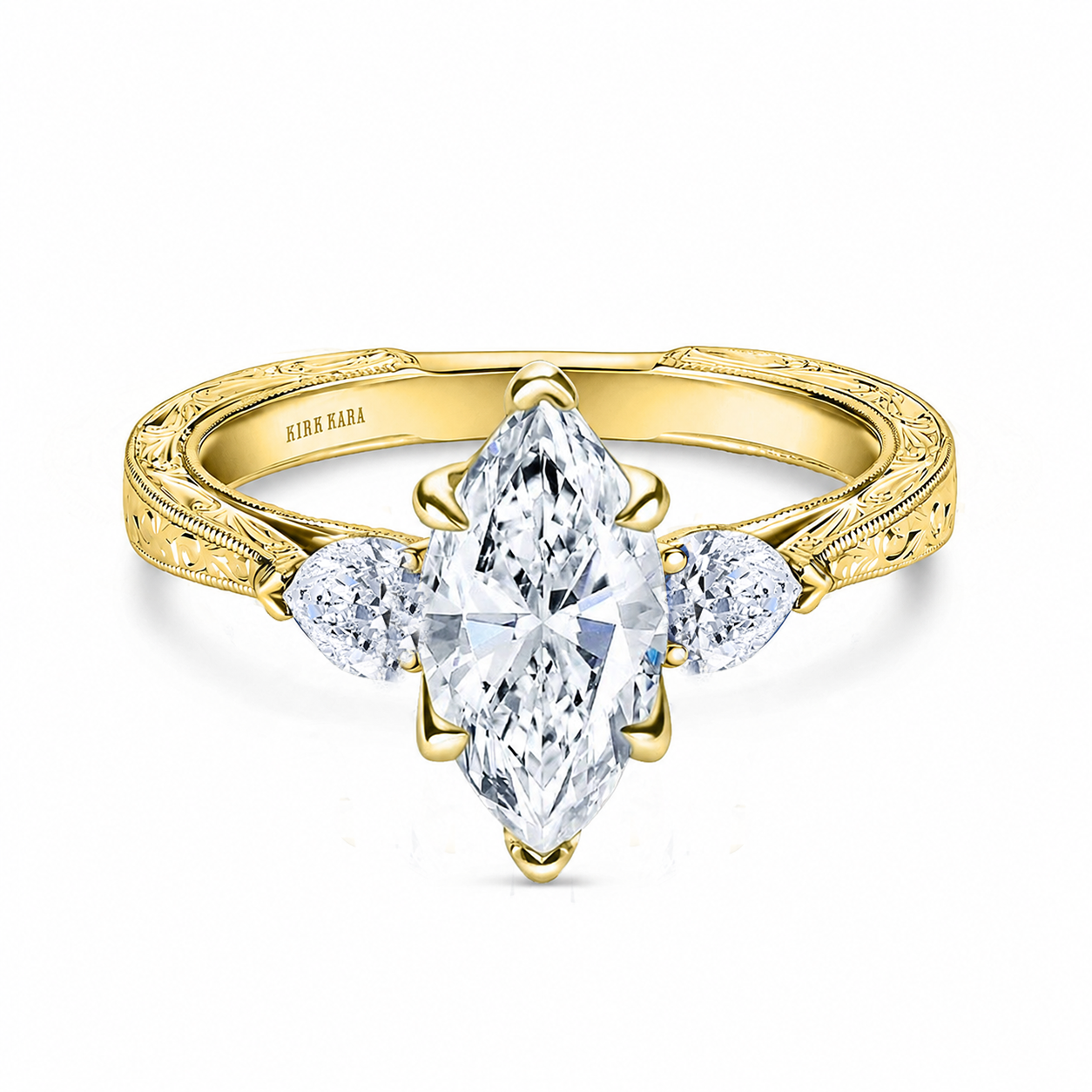 Three Stone Diamond Pear Engraved Engagement Ring