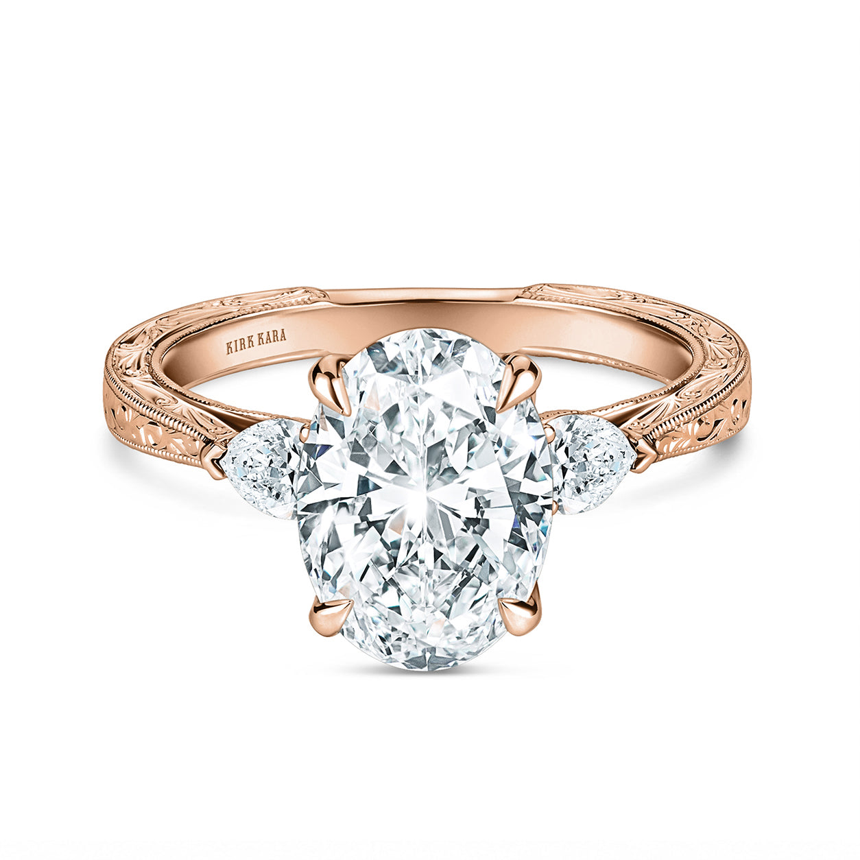 Three Stone Diamond Pear Engraved Engagement Ring
