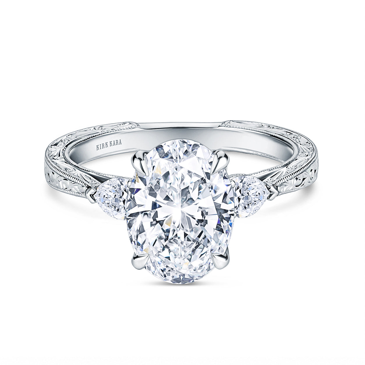 Three Stone Diamond Pear Engraved Engagement Ring