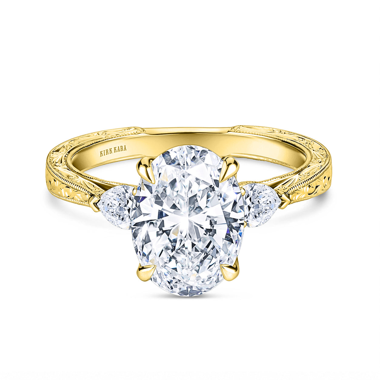 Three Stone Diamond Pear Engraved Engagement Ring